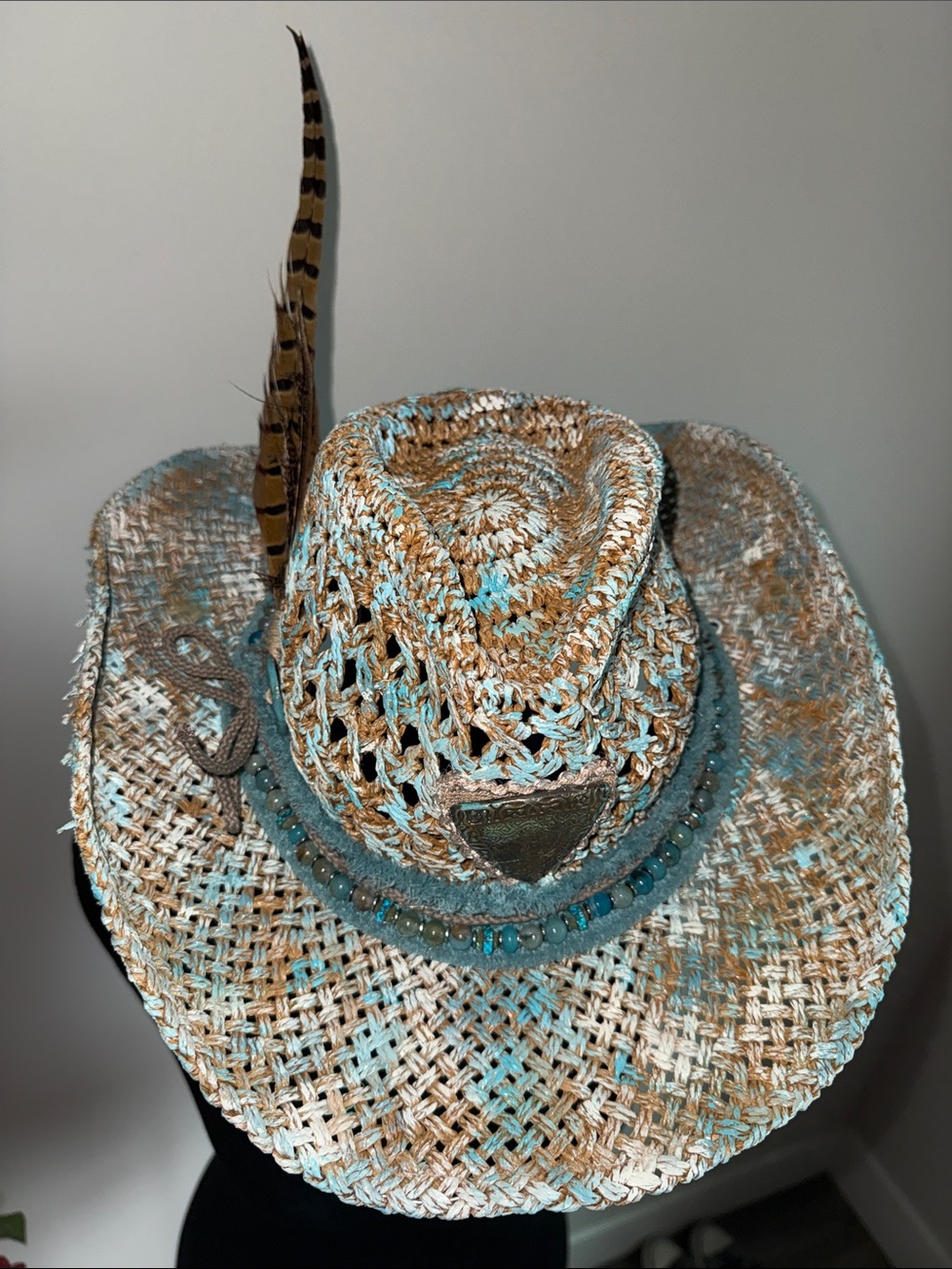 Turquoise & Straw Cowgirl Hat with Beaded Trim - Picture 4 of 4